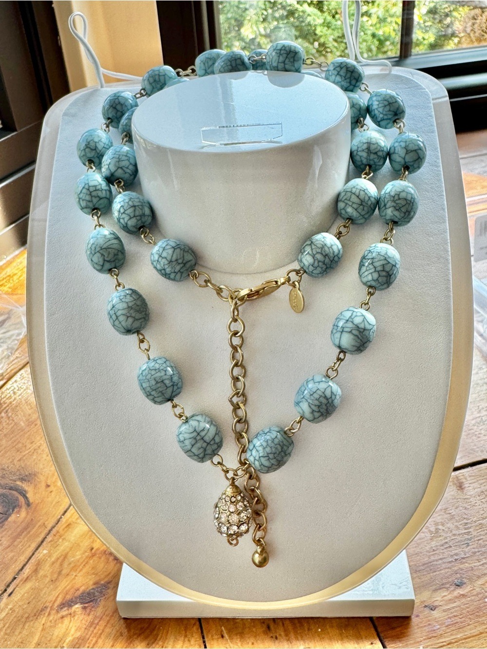 Chico's Light Turquoise Beaded Necklace with Gold Pendant